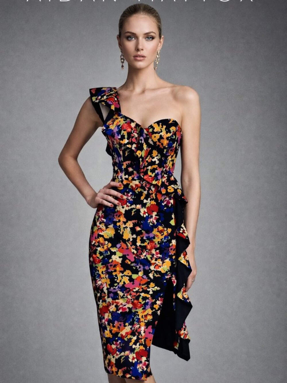 NWT Aidan by Aidan Mattox Ruffled One-Shoulder Dress